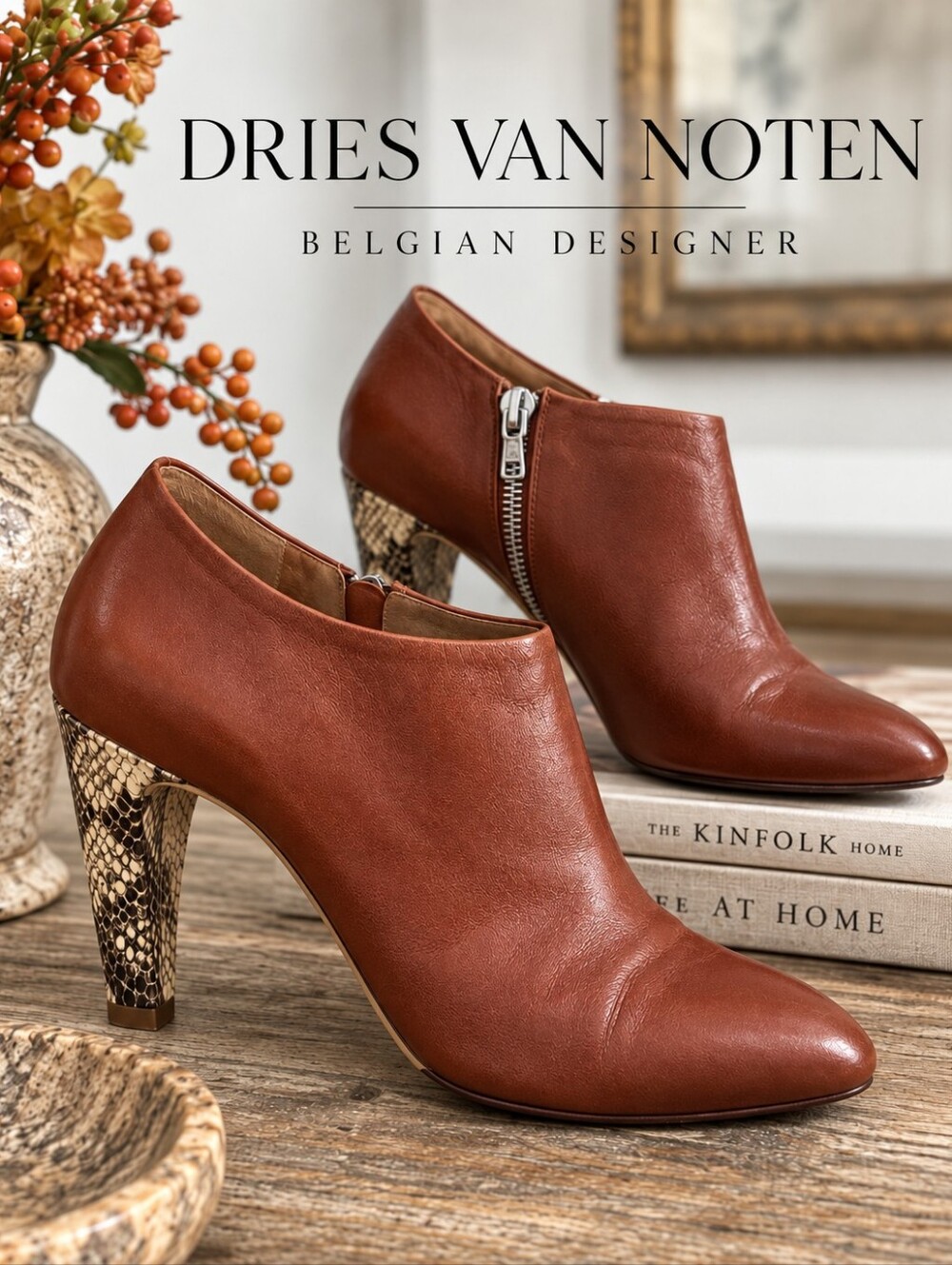 Dries Van Noten Brown Leather Ankle Booties Snake Heel EU 40 US 10